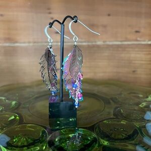 Leaf feather and crystal dangle earrings